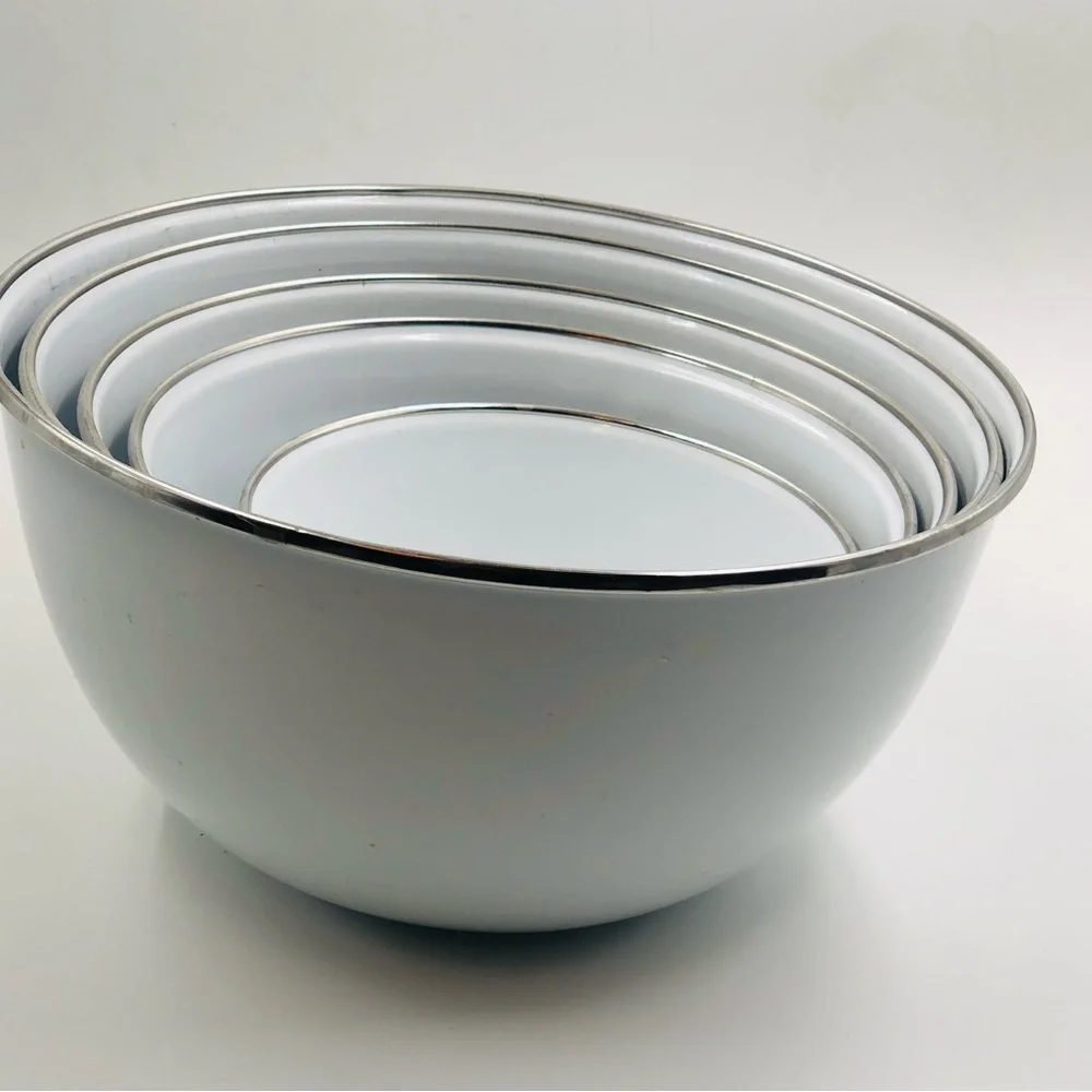 White Enamel Mixing Bowl Set with Silver Rim (set of 5)
